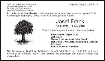 Traueranzeige von Josef Frank von Rundschau Gaildorf