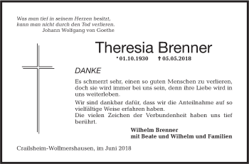 Traueranzeige von Theresia Brenner von Hohenloher Tagblatt
