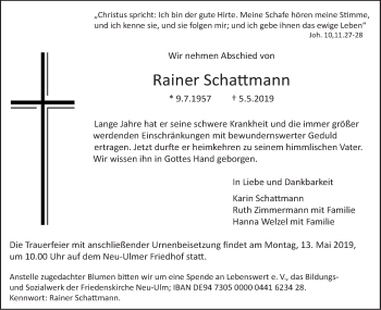 Traueranzeige von Rainer Schattmann von SÜDWEST PRESSE Ausgabe Ulm/Neu-Ulm