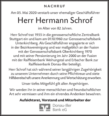 Traueranzeige von Hermann Schrof von SÜDWEST PRESSE Ausgabe Ulm/Neu-Ulm