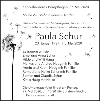 Traueranzeige von Paula Schur von Metzinger-Uracher Volksblatt
