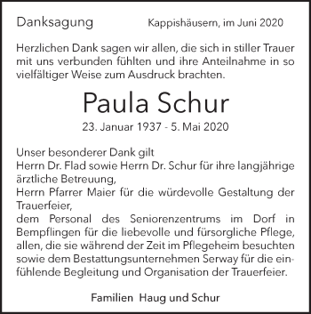 Traueranzeige von Paula Schur von Metzinger-Uracher Volksblatt