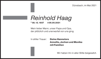 Traueranzeige von Reinhold Haag von Hohenloher Tagblatt