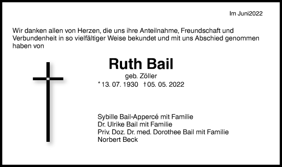 Traueranzeige von Ruth Bail von Metzinger-Uracher Volksblatt