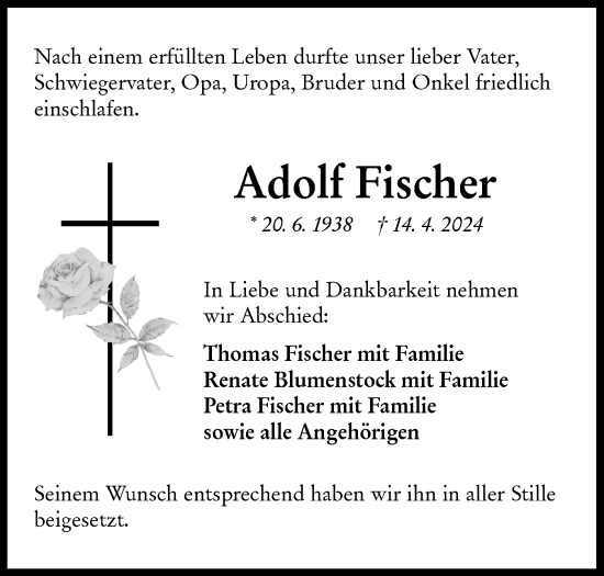 Traueranzeige von Adolf Fischer von Hohenloher Tagblatt