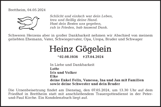 Traueranzeige von Heinz Gögelein von Hohenloher Tagblatt