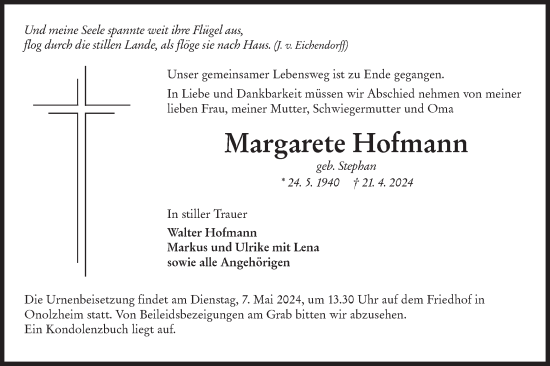 Traueranzeige von Margarete Hofmann von Hohenloher Tagblatt
