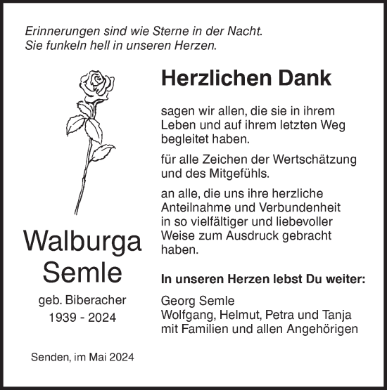 Traueranzeige von Walburga Semle von SÜDWEST PRESSE Ausgabe Ulm/Neu-Ulm/Neu-Ulmer Zeitung